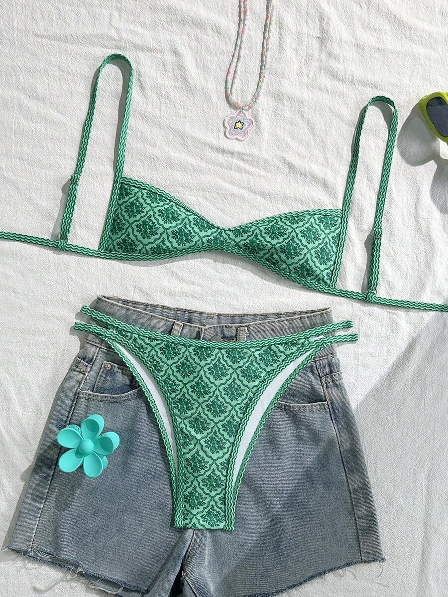 Swim Mod 女士夏季细肩带性感比基尼度假紧身裤休闲印花随机两件套泳衣