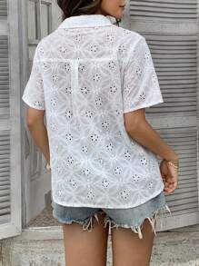 DAZY Camicia da donna aderente con scollo a bottoni e maniche corte in pizzo