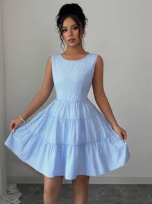 Elenzga 女式夏季条纹露背蝴蝶结装饰无袖休闲连衣裙 - 藍色 - 查看 6