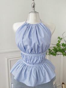 Comfortcana Plus Size Women Striped Ruffle Detail Halter Neck Casual Tank Top - Blue and White - View 8