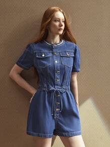 SHEIN BAE 女式夏季休闲高端牛仔连体裤 - 藍色 - 查看 1