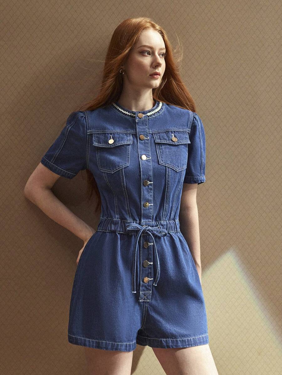 SHEIN BAE 女式夏季休闲高端牛仔连体裤 - 藍色 - 查看 1