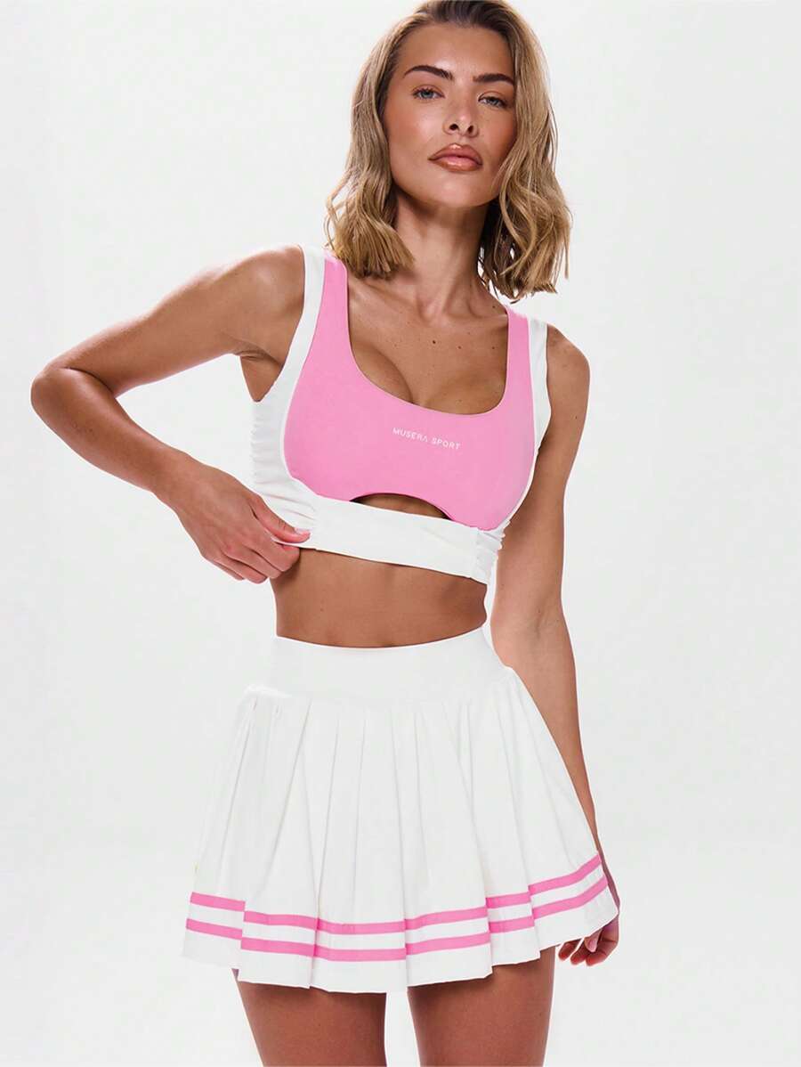 Musera Sport Áo ngực crop top phối viền tương phản hai bên, tập luyện thể thao tại phòng tập, quần vợt Padel, bóng vợt, bóng ném, phòng tập thể dục - Hồng - Xem 1