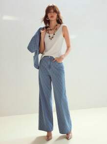 MOTF STUDIO 菱形花纹仿珍珠与水钻细节阔腿牛仔裤