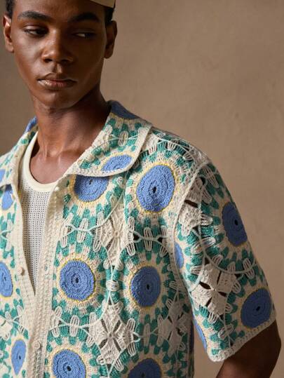 AKNOTIC X Nawaf Alabid Men's Vintage Hand-Knitted Cardigan, Fashionable, Casual, Slim Fit, Short Sleeve, Suitable For Summer, Vacation, Daily Wear, Parties, Couples, Men's Gifts, Anniversaries