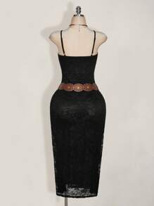 SHEIN ICON Vestido ceñido al Body de encaje de sirena con cintura ceñida de color negro en espiguilla talla grande, estilo bohemio, elegante bohemio, Y2K, para festival de música, vestido bohemio, vacaciones de verano - Negro - Ver 2