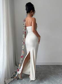 Elenzga Váy ôm vừa vặn thêu hở lưng thời trang nữ có đường xẻ - Màu be - Xem 2