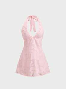 Sweetra Vestido corto sin mangas con espalda abierta, cuello con lazo y diseño calado en chifón rosa, refrescante para primavera/verano