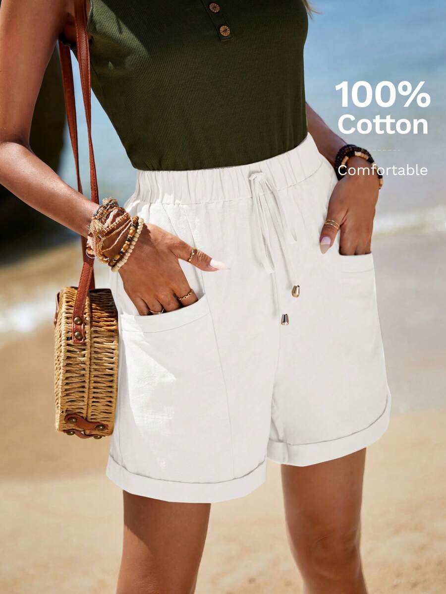 Sylviya Women Casual Solid Color Simple Pocket Twist Front Shorts,High Waisted Shorts