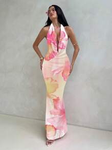 Aloruh Pink Hibiscus Flower All Over Print Draped Neck Women's Casual Summer Vacation Music Festival Long Dress Hibiscus Dress Floral Dress Resort Wear Scarf Dress 3d Floral Dress Suitable For Going Out Chic Dress - Multicolor - View 5