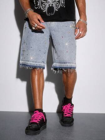 Street Life Men's Colorful Crystal Rhinestone Decorated Frayed Edge Casual Denim Shorts For Summer