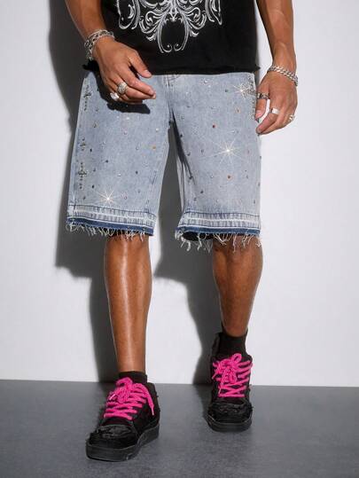 ROMWE MEN Street Life Pantalones cortos vaqueros informales para hombre con borde deshilachado y decorados con cristales de colores para el verano