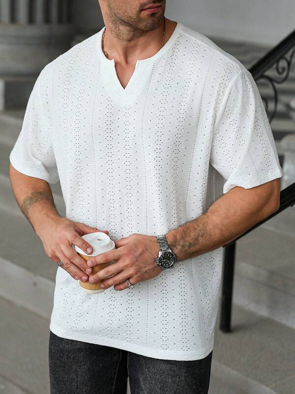 Manfinity Homme Tricou de vară pentru bărbați, mărime plus, casual, culoare solidă, cu guler crestat, scobit din bumbac