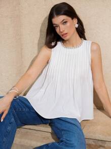 GENKIRA Pleated High-End Stylish Rhinestone Collar Detail Sleeveless Loose Fit Casual Versatile Blouse For Women - White - View 3