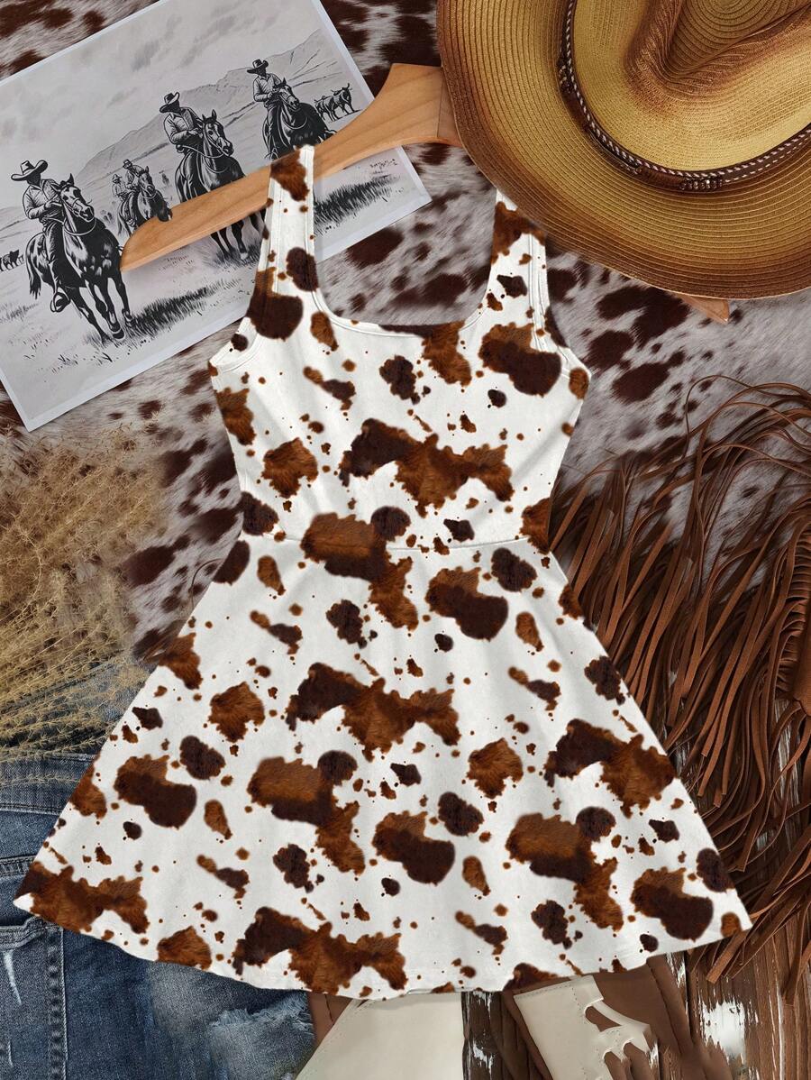 SHEIN EZwear 女士休闲简约节日音乐节奶牛印花图案短款连衣裙，适合夏季