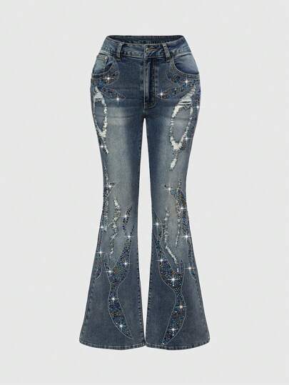 Hippie Y2K Luxurious Vintage Heavily Embellished Colorful Crystal Distressed Women Denim Jeans, Rhinestone Jeans