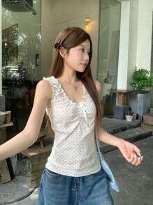 DAZY Korean Style Women's Polka Dot Sleeveless Bowknot Blouse Top Going Out Tops