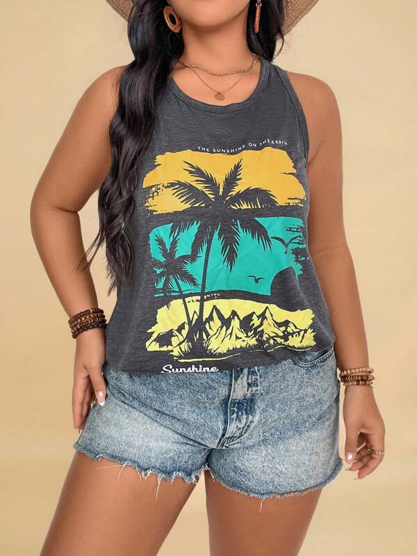 Travachic Plus Size Women Boho Fashionable Holiday Leisure Round Neck Palm Tree Printed Tank Top, For Summer