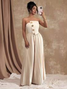 Roveilla Plus Size Women's Metal Decor Strapless Ruched Waist Elegant Jumpsuit, Suitable For Travel - Apricot - View 3