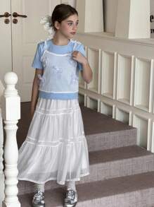 DAZY Conjunto de camiseta para niñas preadolescentes, otoño - Blanco - Ver 3