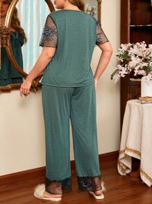 大码法式优雅蕾丝拼布睡衣套装 - 綠色 - 查看 2