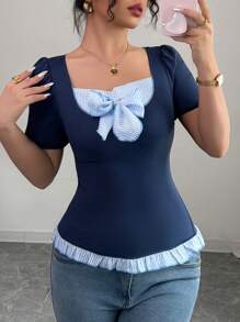 Elenzga Fourth Of July Holiday Full Outfits Top Blue Sexy Casual Going Out Short Sleeve Square Neck Ruffle Bow.