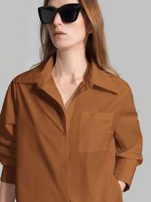 Ontre 女士棕色前开襟纽扣侧开衩衬衫，都市通勤商务休闲风，优雅办公室着装，百搭女士衬衫，适合婚礼宾客穿着 - 棕色 - 查看 11
