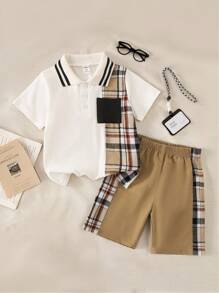 SHEIN Set de 2 piese pentru băieți, ținută de vară la modă, cu îmbinare inovatoare, inclusiv cămașă cu mânecă scurtă și pantaloni scurți, 2025, ținute pentru copii, pentru facultate și sport în campus
