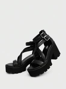 Women's Thick-Sole Black Sandals, Open-Toe Chunky Heels With Ankle Strap And Back Zipper, Durable Rubber Outsole, Multi-Functional Casual Shoes For All Seasons - Black - View 14