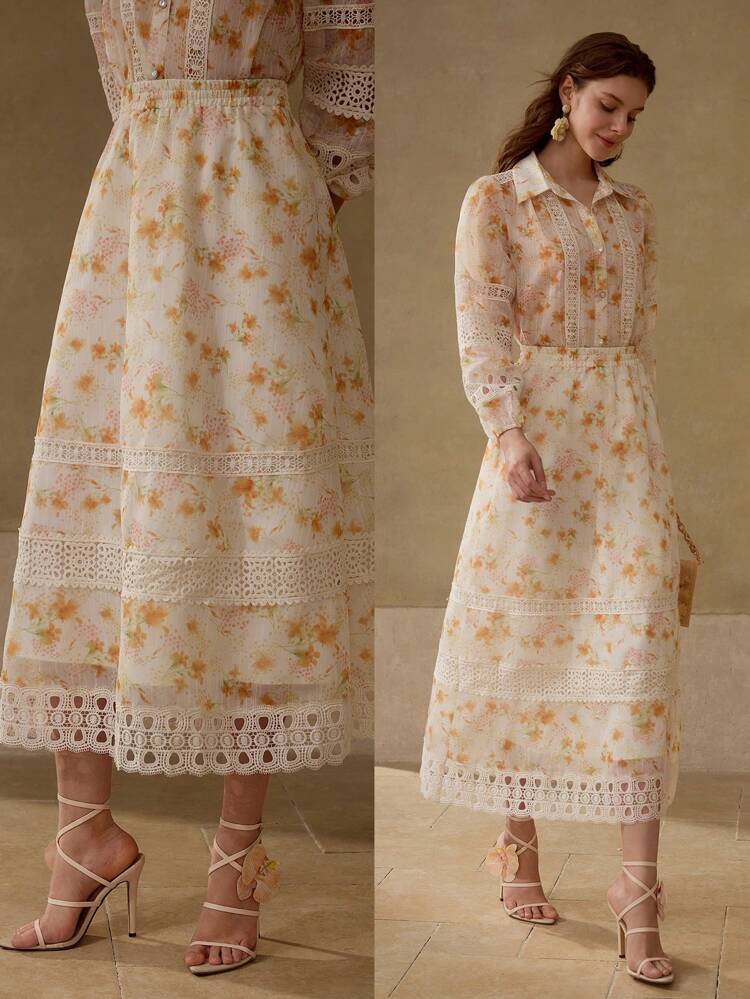 FLORAL PRINT CONTRAST LACE SKIRT