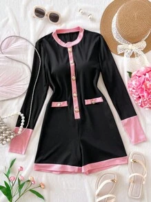 Teen Girls Casual Elegant Luxurious Short Jumpsuits, Metallic Button Decorated Long Sleeve Knitted Rompers - Multicolor - View 1