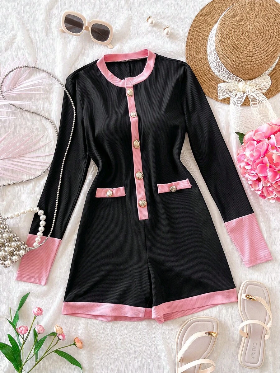 Teen Girls Casual Elegant Luxurious Short Jumpsuits, Metallic Button Decorated Long Sleeve Knitted Rompers - Multicolor - View 1