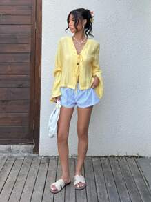 SHEIN EZwear 女士度假休闲黄色编织系腰喇叭袖衬衫 - 黃色 - 查看 6