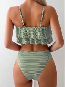 Swim Mod Striped Bikini Two-Piece Swimsuit, Suitable For Holiday Beach For Summer Beach Vacation - Green - View 2