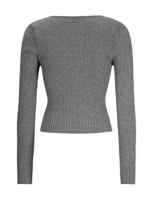 SHEIN Unity 性感女式休闲纯色针织U领长袖T恤 - 灰色 - 查看 8