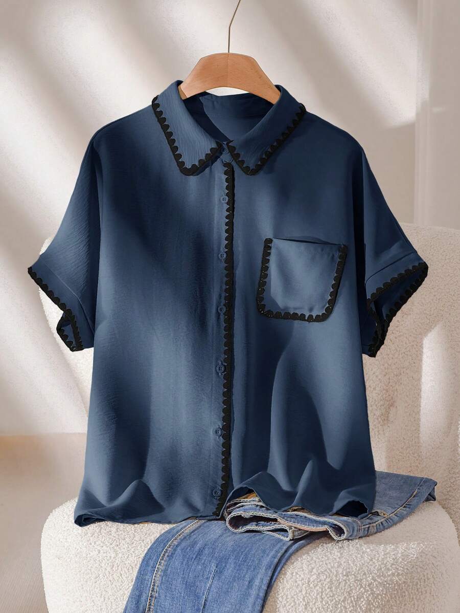 CosyJoli 大码休闲撞色纯色短袖衬衫，夏季时尚 - 藍色 - 查看 1