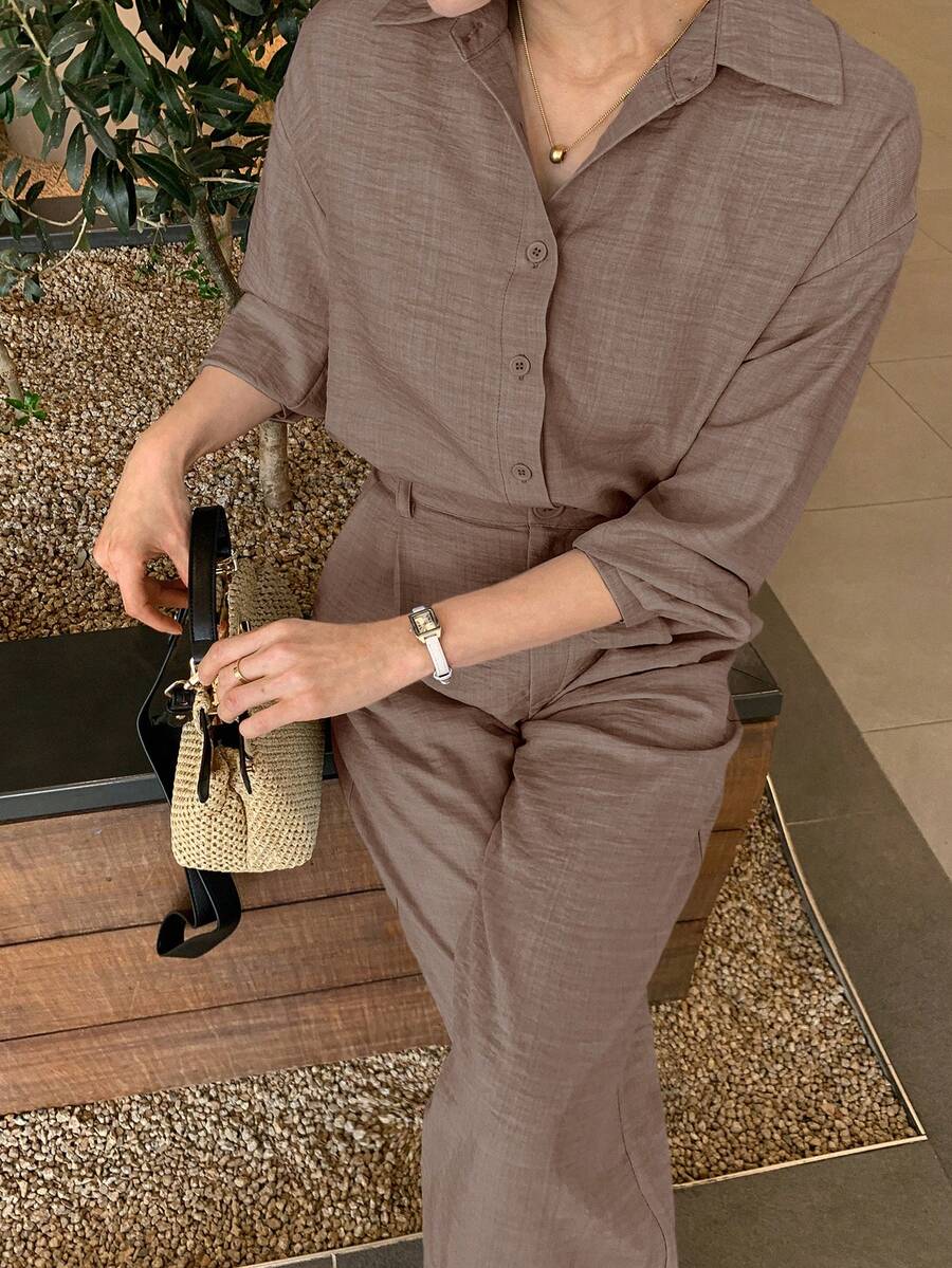 DAZY 2pcs/Set Elegant Women Blouse Top And Casual Trousers Set Fall/Winter - Camel - View 1