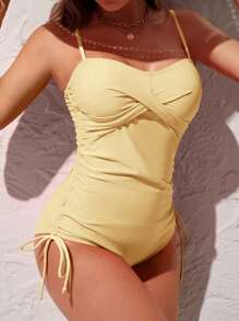 Swim Lushoire 1pc Solid Color Side Drawstring One-Piece Swimsuit, Vacation Beach For Summer - Yellow - View 3