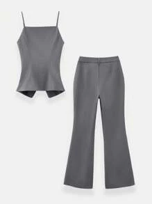 SHEIN Maija Conjunto de traje elegante de chaleco de un solo abotonado y pantalones de unicolor para mujer - Gris - Ver 8