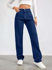 SHEIN Cottnline 100%Cotton Slant Pocket Straight Leg Jeans - Dark Wash - View 5