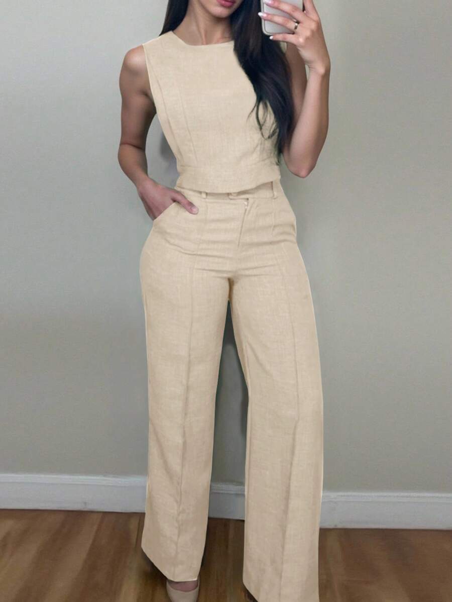 INAWLY 女士纯色吊带背心和裤子两件套，春夏季休闲装 - 米色 - 查看 1