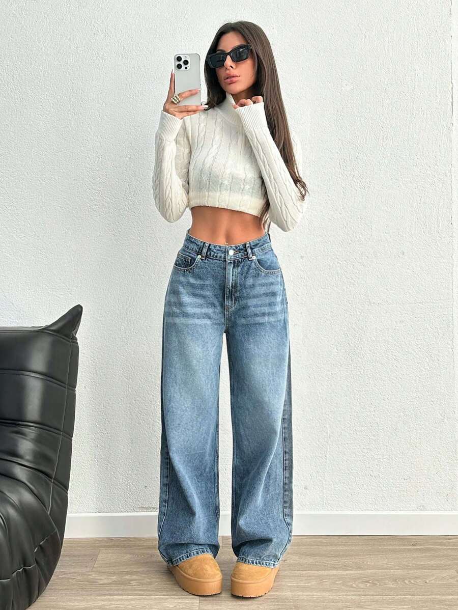 EURMUSE HIGH RISE WIDELEG Y2K STYLE JEAN PETITE - Medium Wash - View 1