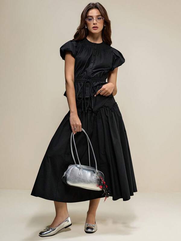 Muvela 2pcs/Set Women Black Loose Blouse With Ruffle Hem & Midi Skirt, Elegant Summer Outfit