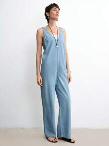 Aalyst 女式夏季休闲水洗无袖牛仔连体裤