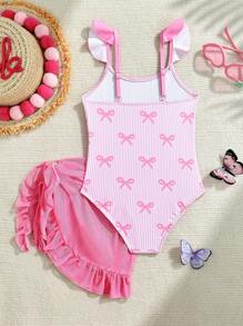 Sparklyn 1 Pc Young Girls' Striped Stylish One-Piece Swimsuit, Suitable For Summer Summer Holiday