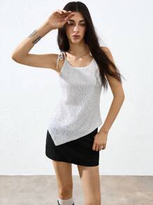 GENKIRA Top de camisola asimétrica con lentejuelas sexy para mujeres - Blanco - Ver 1