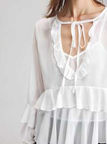 Ontre 2 合 1 女士优雅纯色喇叭袖衬衫和吊带背心套装，适合 7 月 4 日独立日、骄傲节、度假、海滩、生日派对、女教师节日服装、下午茶派对服装 - 白色 - 查看 6