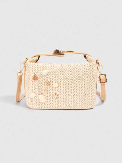 Fairycore 1pc Vacation-Themed Starfish & Shell Decor Straw Handbag & Crossbody Bag, Suitable For Daily Travel