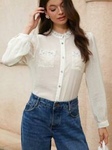 Zanirela Blusa blanca elegante de otoño estilo fusión francés-chino para trabajo,Camisa de manga larga con textura plisada de lujo,Cuello con cuentas hechas a mano,Tela con forro de encaje para mujer - Beis - Ver 5