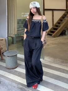 DAZY Women Denim Two Pieces Outfits,Off Shoulder Top - Blue - View 2